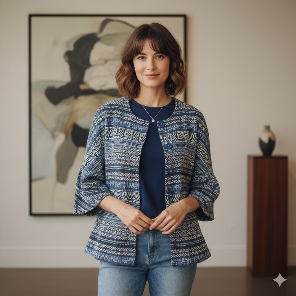 J. McLaughlin Aztec Tribal Print Bell Sleeve Snap Cardigan Sweater Jacket Blue L